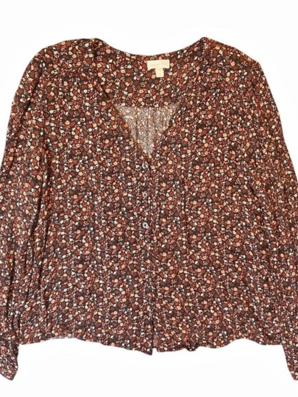 Garnet Hill Floral V-Neck Blouse Brown 12 Bohemian Hippie Classic Party Preppy